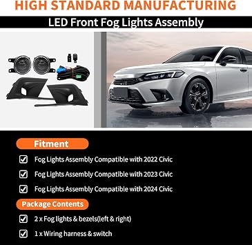 Fog Lights Assembly Compatible with 2022 2023 2024 Civic