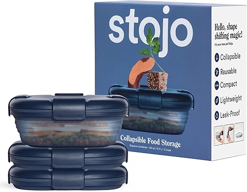 STOJO Caja de sándwich plegable, 3 unidades, mezclilla translúcida, 24 onzas, contenedor de almacenamiento de alimentos reutilizable, cuenco de