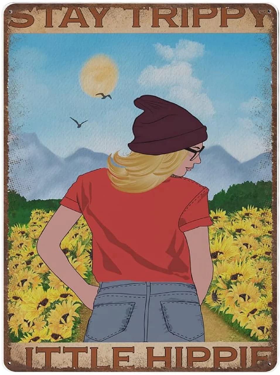 Tin Sign Sunflower Girl Nostalgic Tin Signs Funny Poster Art Wall Decor for Pub Bar Vintage Wall Stickers 8x12 Inch