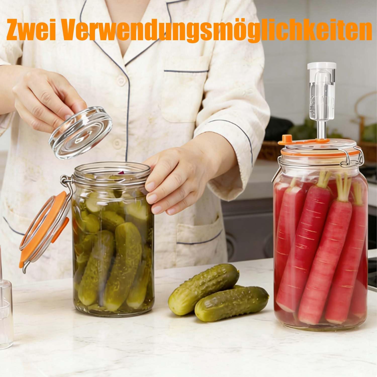 2 bocaux de fermentation de 1,5 L, avec valve et poids, pour la fermentation et la préparation de choucroute, kimchi, kombucha et cornichons,Transparents