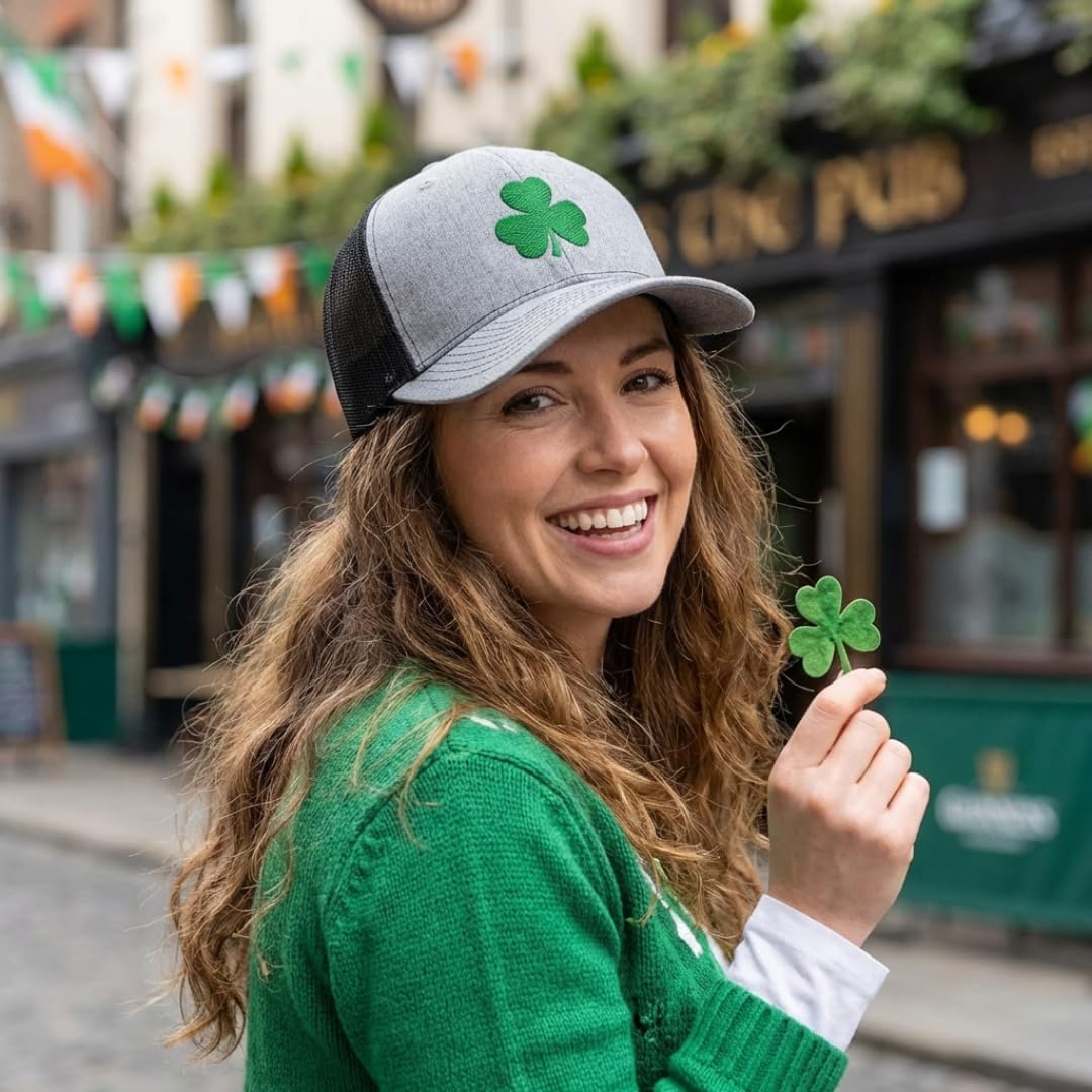 Richardson Mesh Cap Hat Embroidered Shamrock Irish Ireland St Patrick's Trucker Hats for Men & Women