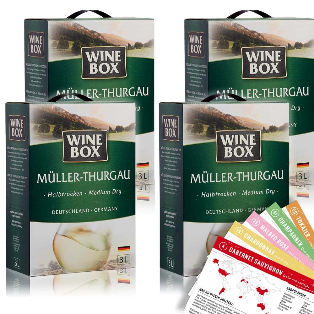 Wine Box Müller-Thurgau, halbtrocken, Bag-in-Box, sortenreines Weinpaket + VINOX Winecards (4x3,0l)