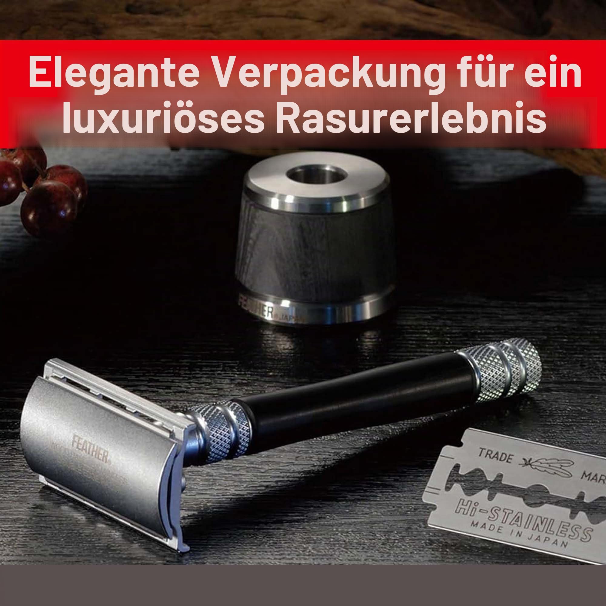 Feather WS-D2S Rasierhobel mit Holzgriff, Edelstahl und Ständer
