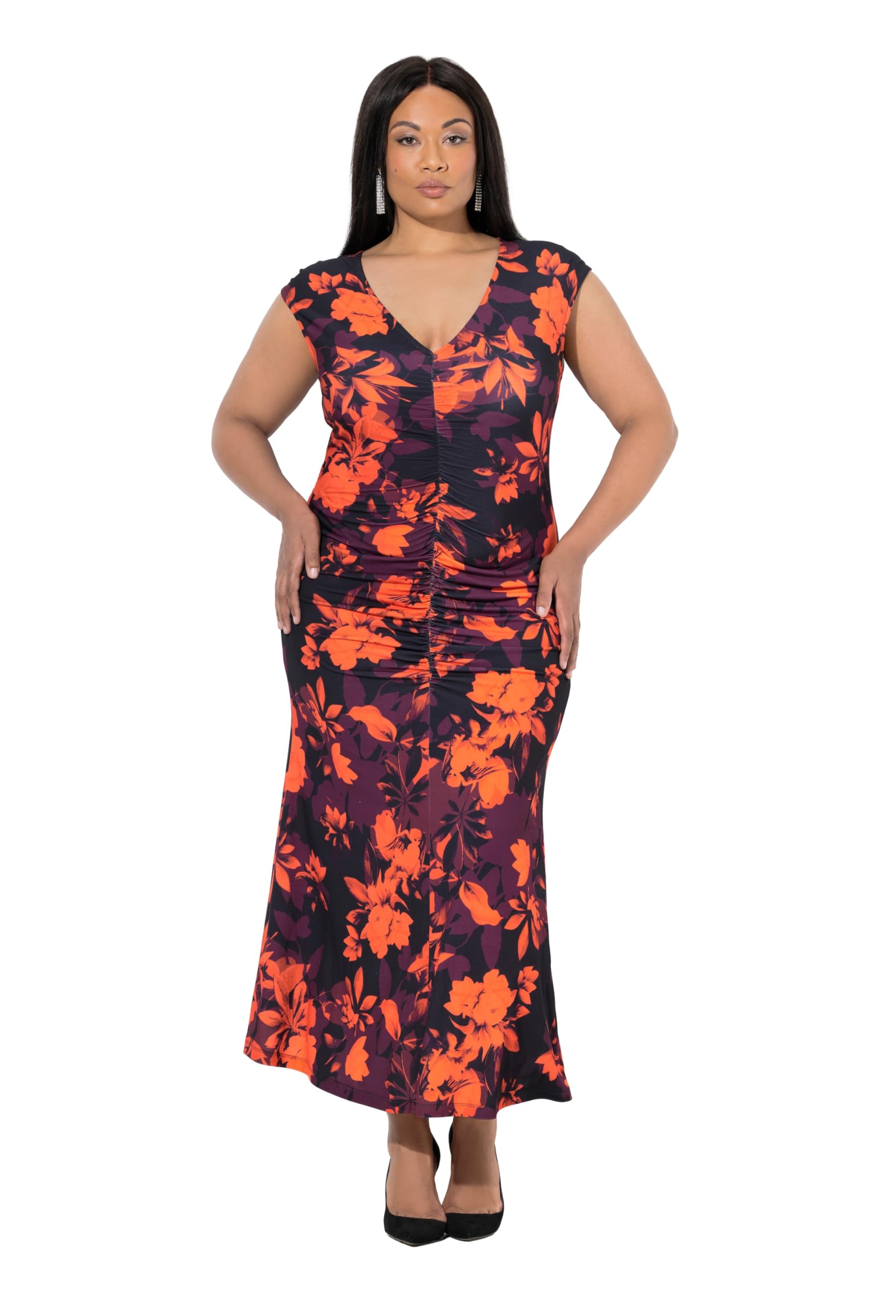 Ulla Popken Damen große Größen Übergrößen Plus Size Maxikleid, Slim, drapiert, V-Ausschnitt, Dolmanärmel 847422