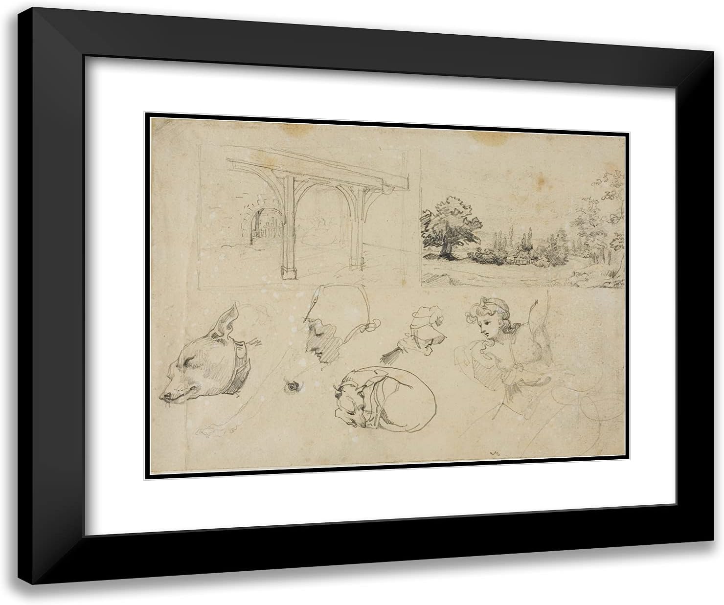 ArtDirect Theodore Gericault 24x20 Black Modern Framed and Double Matted Art Print Titled Sketches of A Shed, A Landscape, Dogs and Various Figures