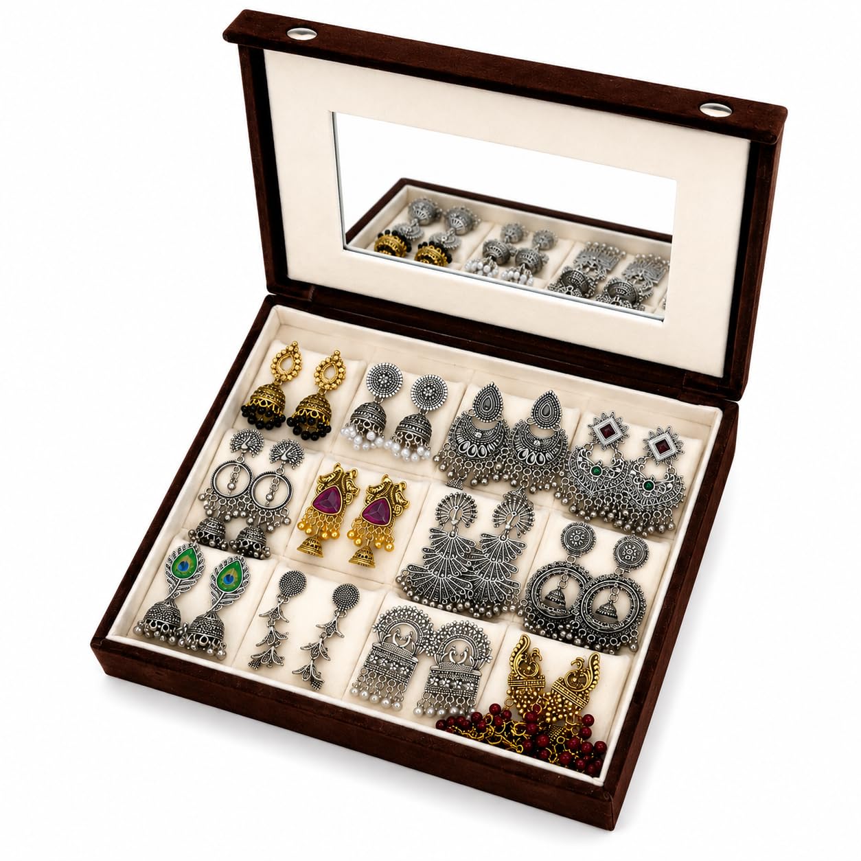 12 Pairs Traditional Oxidised Earrings Set for Women with Premium Velvet Jewelry Box & Mirror | Antique Jhumka, Chandbali, Temple & Ethnic Earrings Combo | Gift Set-image-31