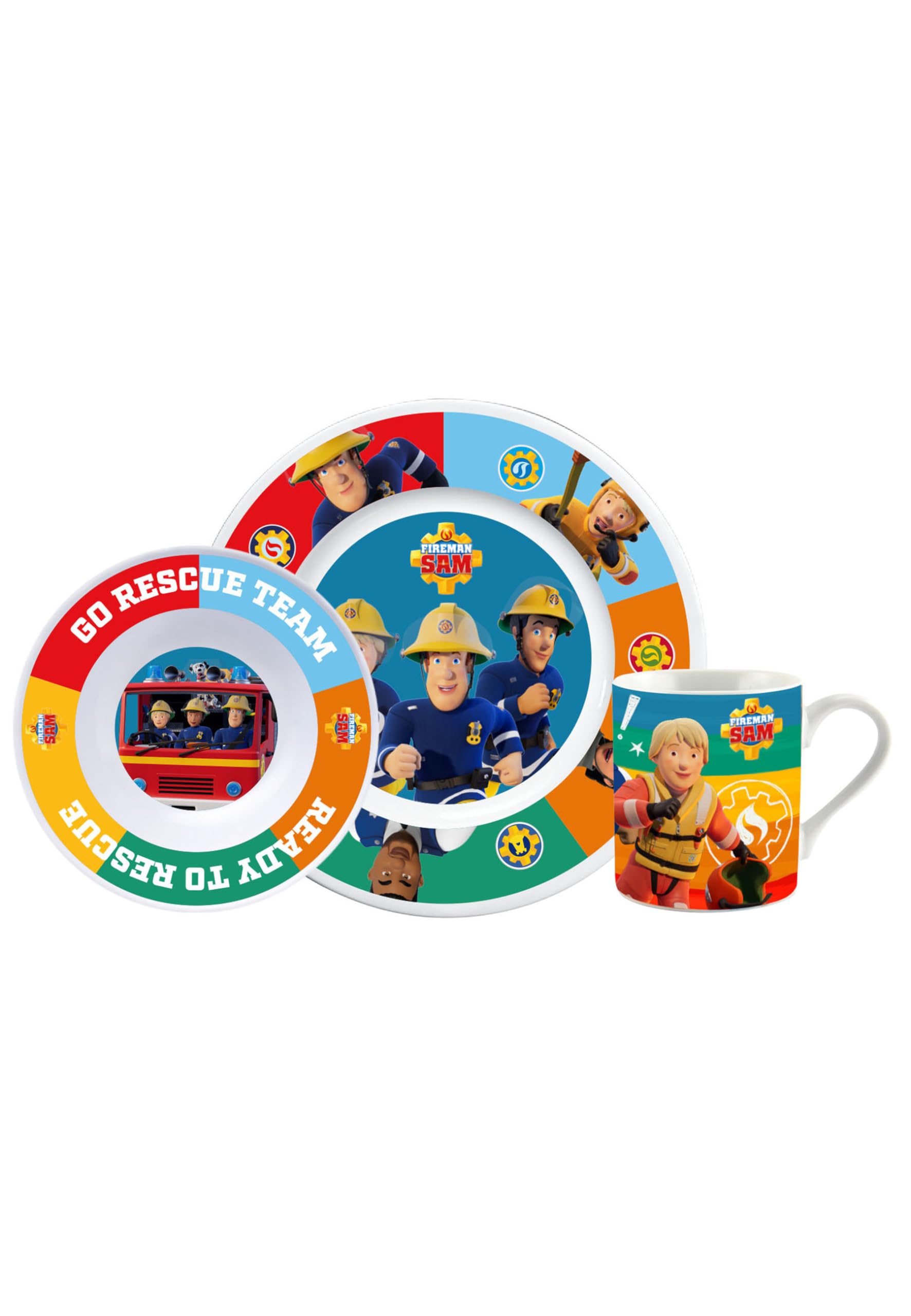 Feuerwehrmann Sam Frühstücksset für Kinder - Geschirr Set 3-teilig Teller, Schale & Tasse aus Porzellan