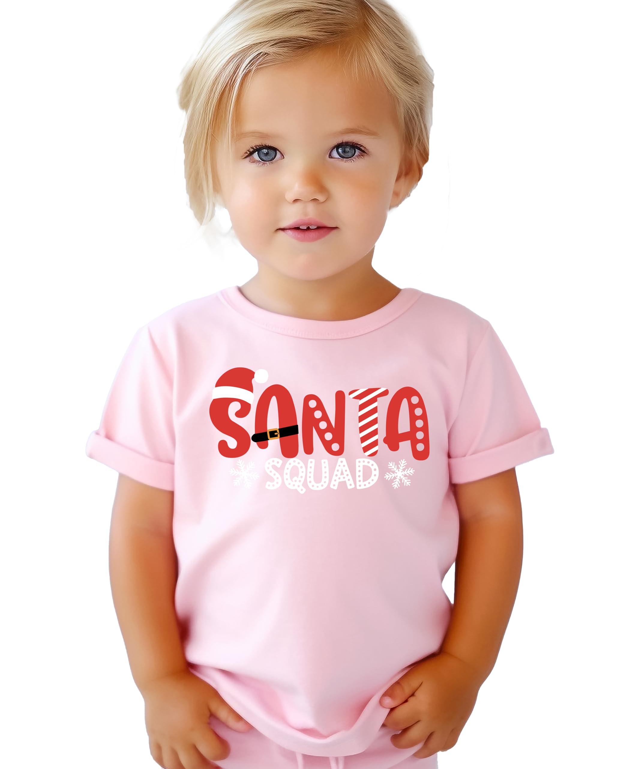 Santa Squad Cute Christmas T-Shirts for Baby and Toddler Matching Family Fun Outifts White on Pink Shirt 5-6