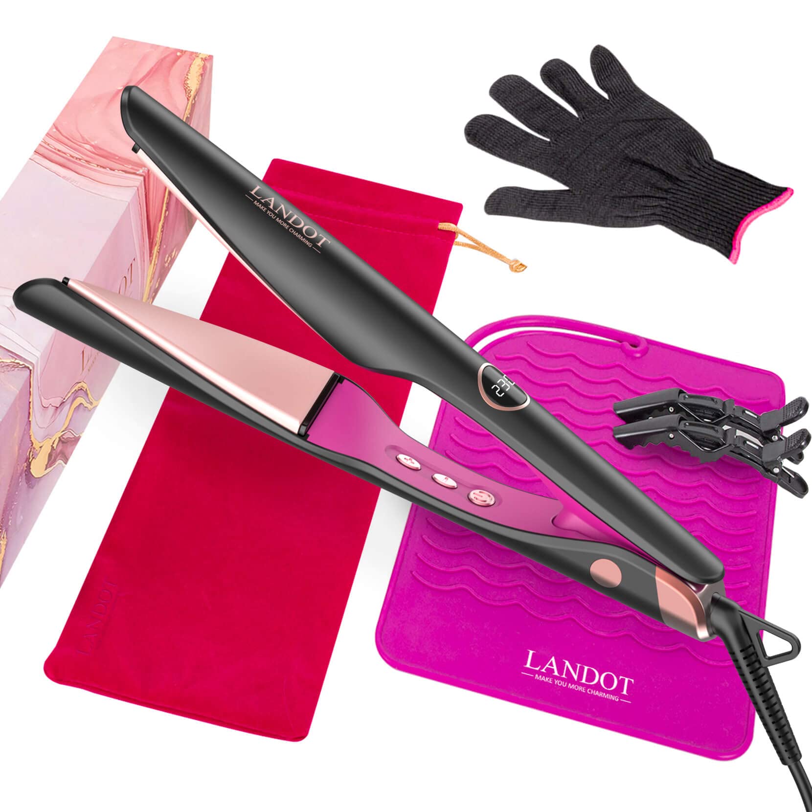LANDOT 2-IN-1 Hair Straightener and Curling Iron: Twist Flat Iron Curler for Curl Wave Straighten - Ceramic Straightening Iron Dual Voltage 12 Temp 250-450F for Smooth Curls & Sleek Straight Results