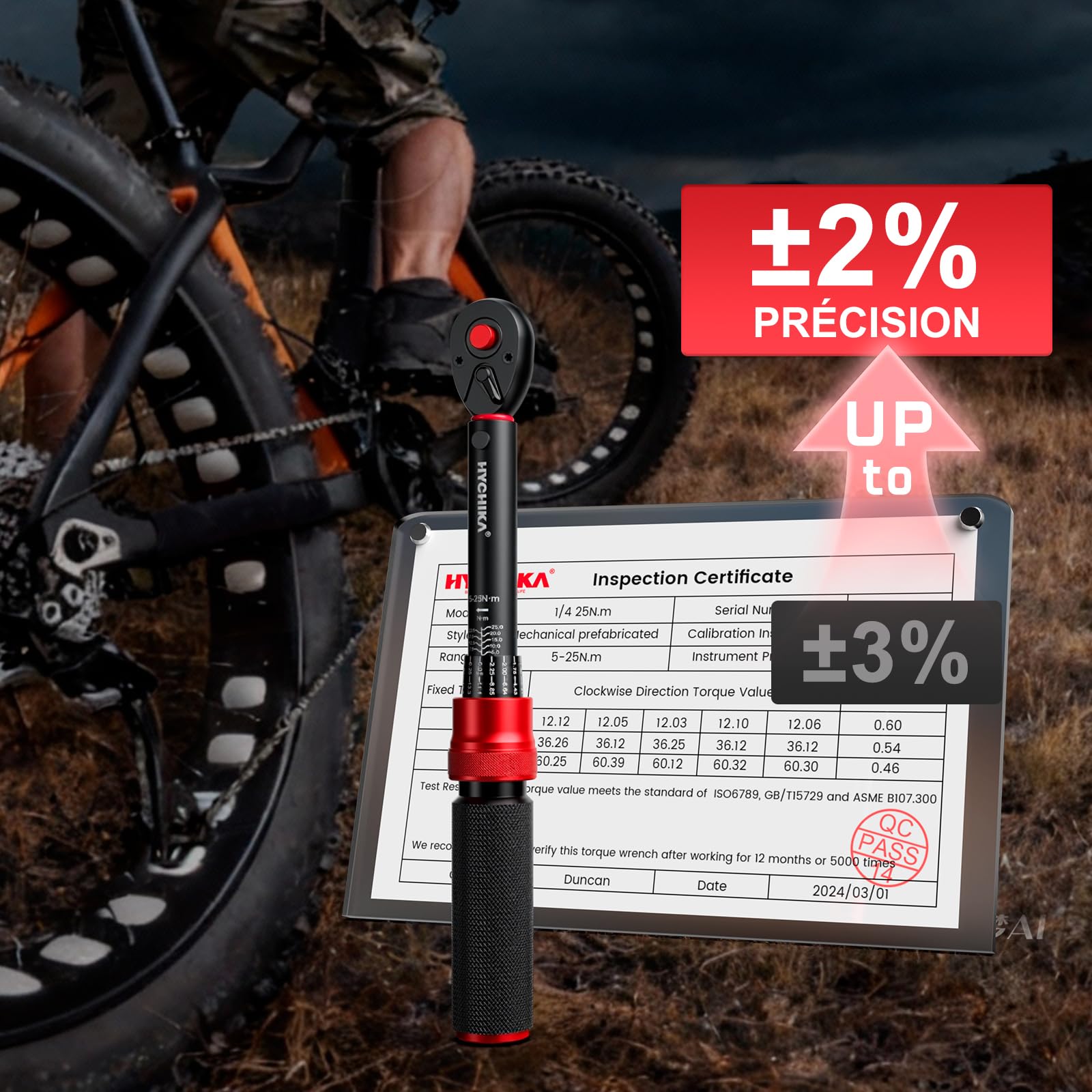 HYCHIKA Kit de 13 Clés Dynamométriques 1/4" 5-25Nm, Précision ±2%, Set Clé Dynamométrique Velo 72 Dents avec Prolongateur, Embouts et Boîtier de Rangement