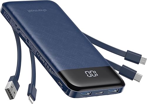 charmast Portable Charger with Built in Cables, Power Bank with Cords Wires, Slim 10000mAh Travel Battery Pack 6 Outputs 3 Inputs 3A Fast Charging for Samsung Google Pixel LG Moto iPhone iPad