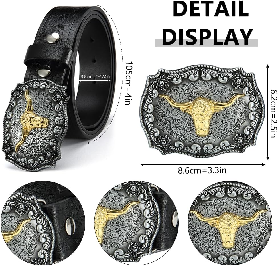 DOOPAI Men's Western Cowboy Belt – Longhorn Bull Pattern Buckle with Printed Engraving, Adjustable Strap, Fits Jeans - Image 3
