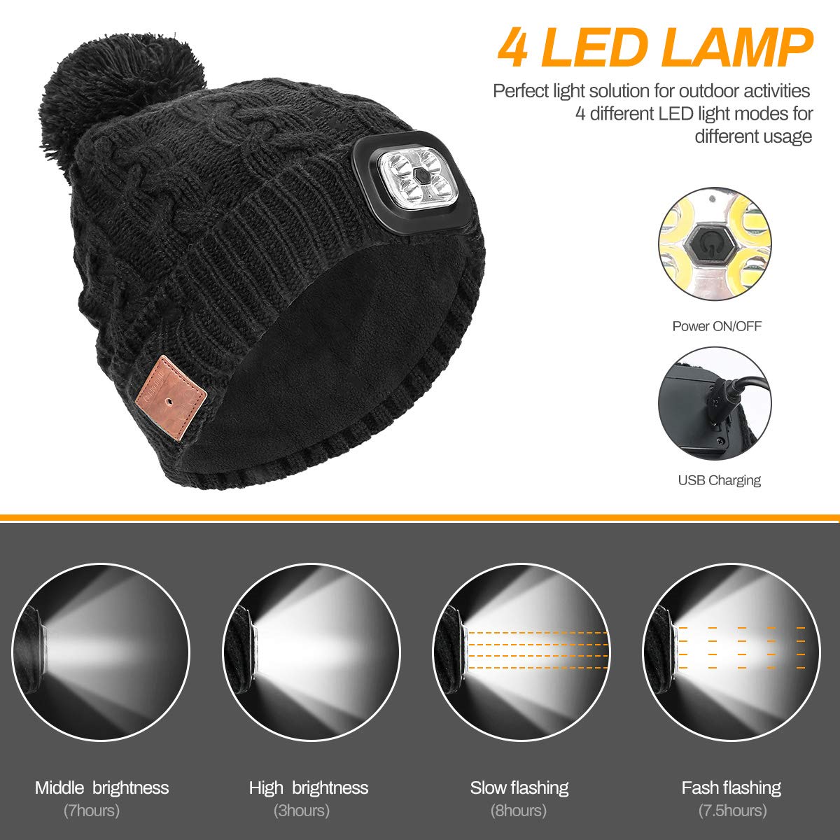 Powcan Wintermütze mit Licht Wireless Bluetooth 5.0 Music Mütze 4 LED Hut USB aufladbare Caps für Männer Frauen warme Strickmütze