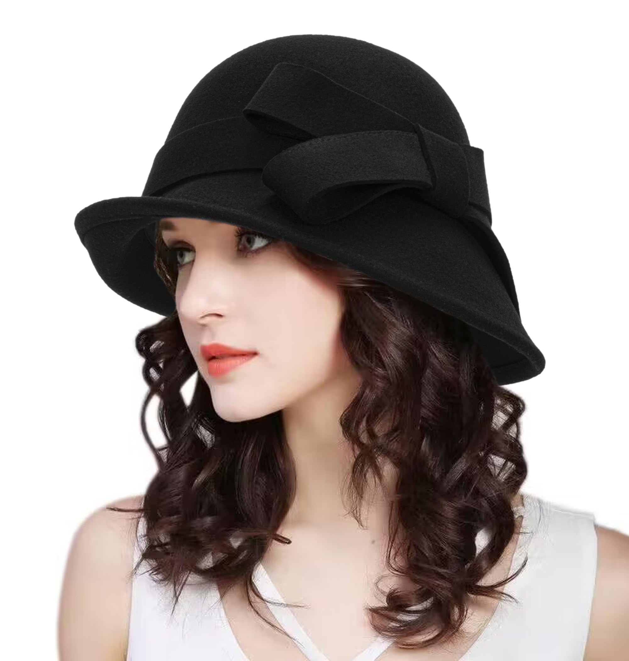 KorhLeoh Sombrero de pescador Bolwer para mujer de los años 20, sombrero de iglesia con lazo
