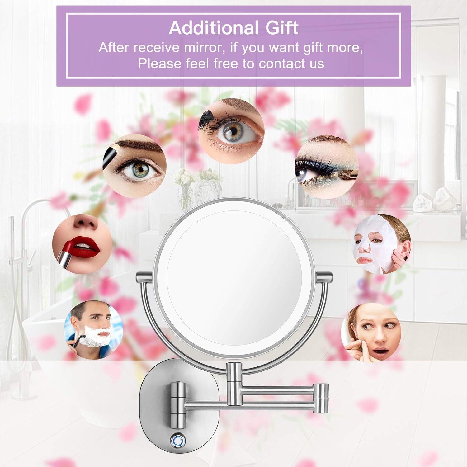 AmnoAmno Vanity Mirror 8.5" LED Double Sided Swivel Wall Mount Makeup Mirror with 10x Magnification,13.7" Extension,Touch Button Adjustable Light,Suitable for Bedroom or Bathroom -