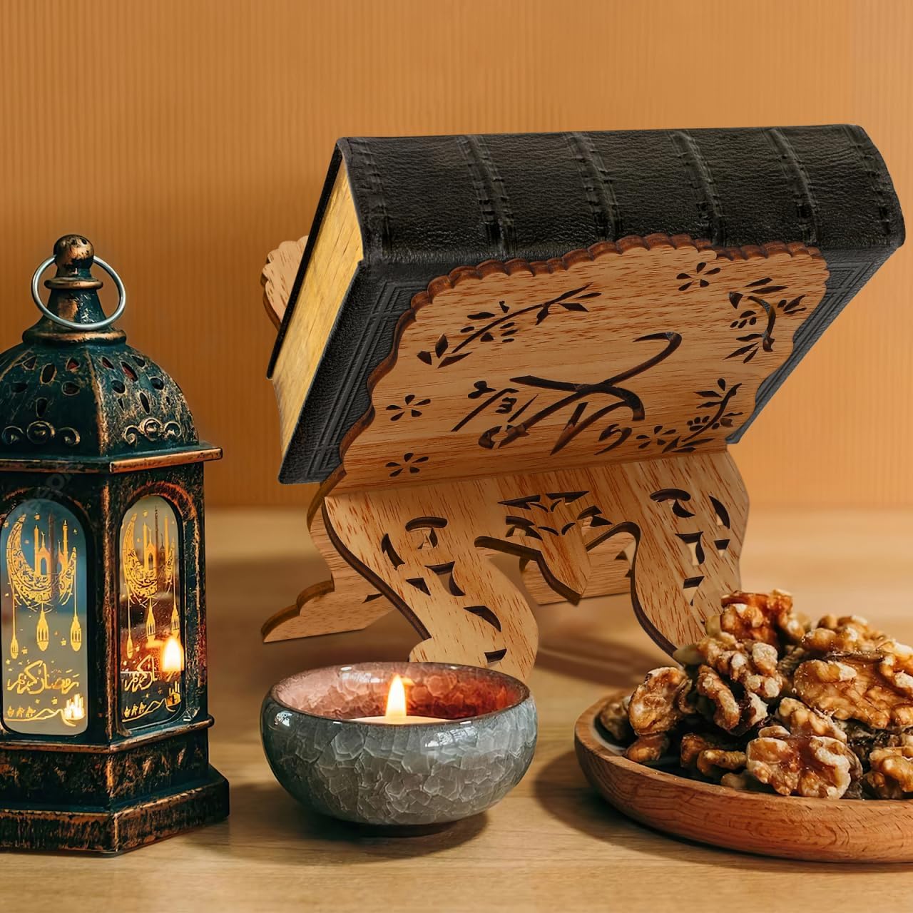 PRETYZOOM Small Quran Stand 7.67x4.96x0.19In – Hollow-Cut Wooden Book Holder for Hands-Free Reading, Space-Saving Display for Ramadan, Eid & Religious Study – for Home, Mosque, Desk