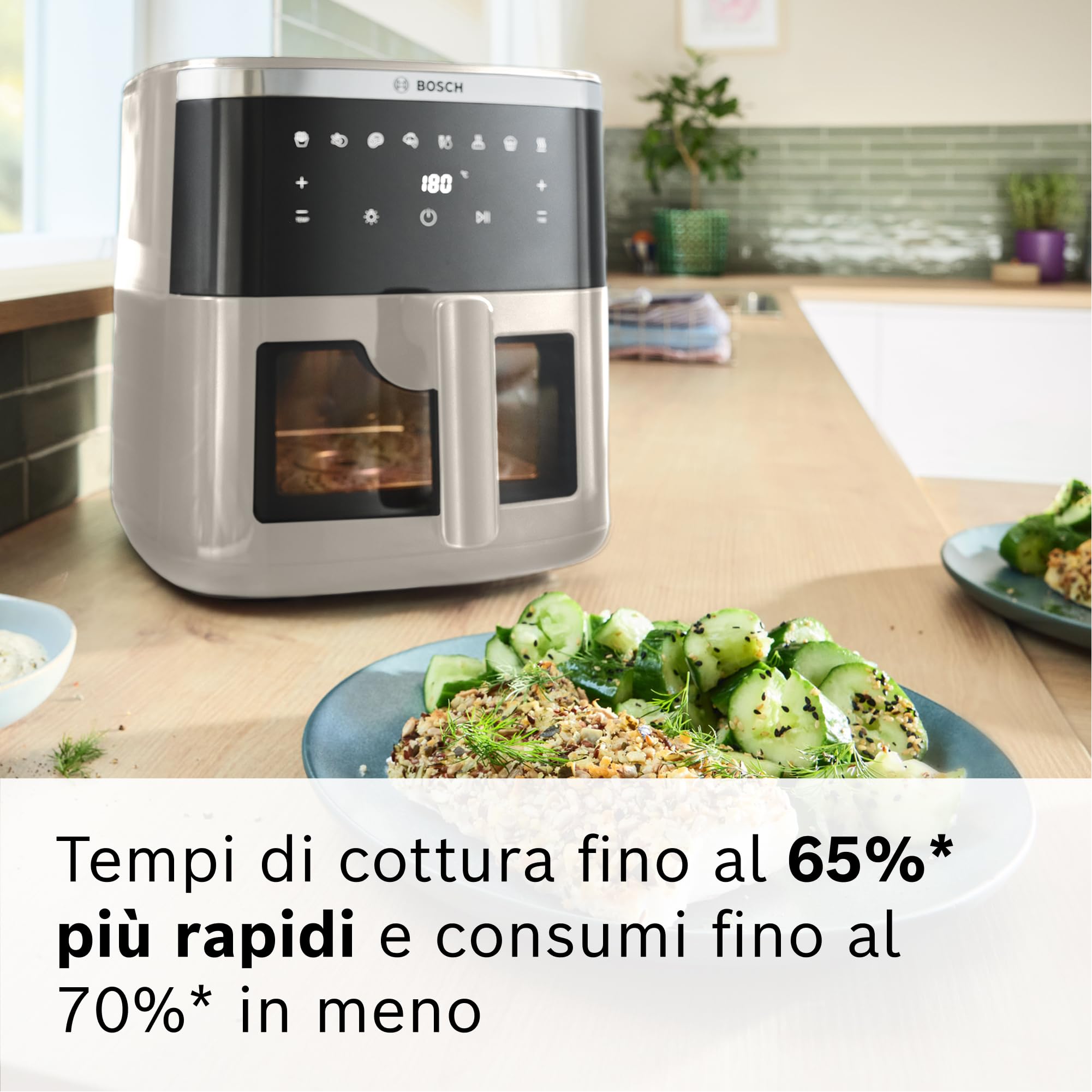 Bosch Serie 6 Friggitrice ad Aria MAF671C0, Air Fryer XXL, Capacità 7,2 L, 7 Programmi Preimpostati, Finestra sul Cestello Illuminata, Cottura Fino al 65%* Più Veloce, Beige