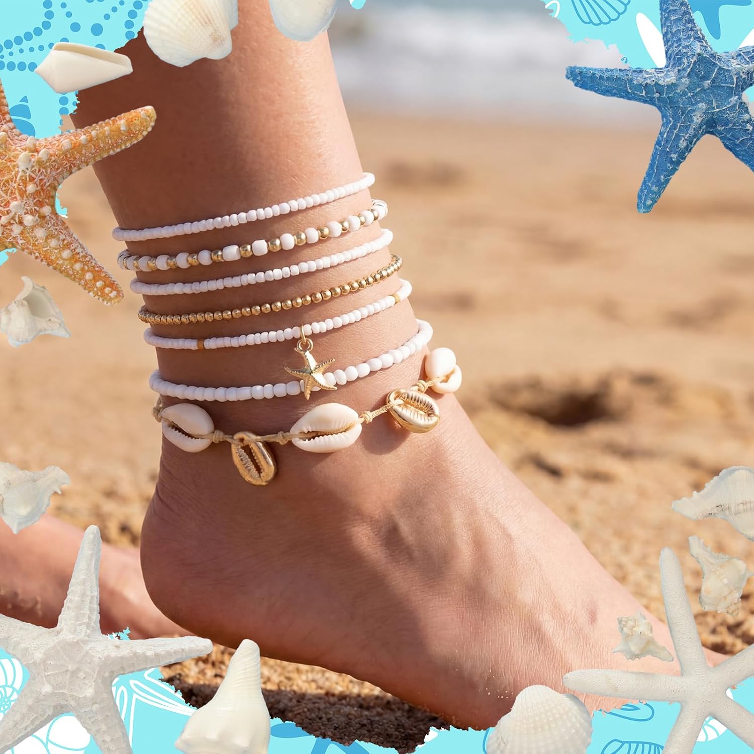 32 Pcs Summer Beach Bracelet for Women Shell Bead Ankle Bracelets Adjustable Gold Plated Boho Shell Anklet Stackable Hawaiian Seaside Seashell Pearl Foot Jewelry for Women Summer Gifts