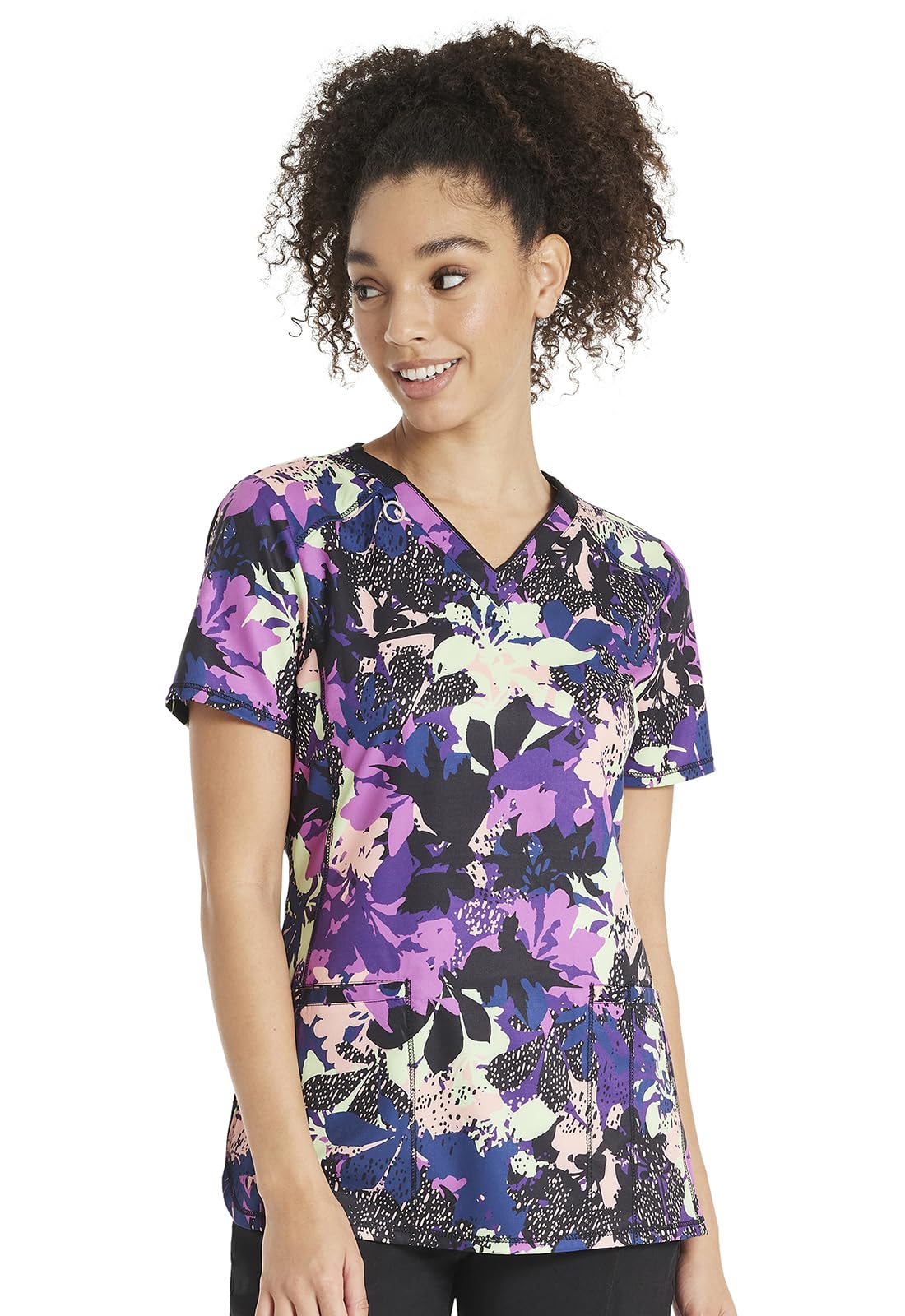 Cherokee Infinity Womens V-Neck Print Scrub Top with 2 Pockets, Rib-Knit Insert Logo O-Ring Detail & Shirttail Hem - CK634, XS, Bold Botanics