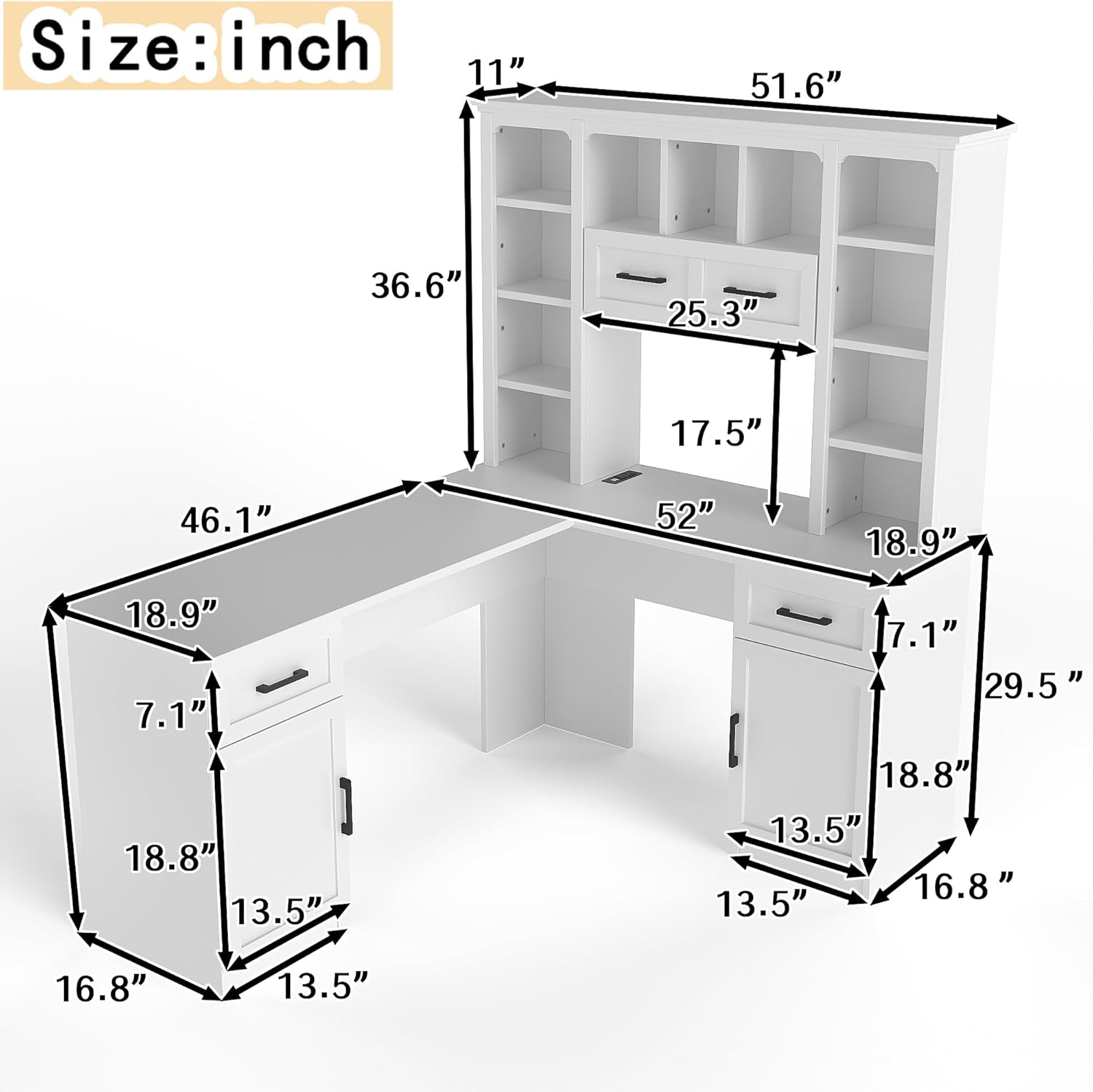 L-Shaped Computer Desk with Hutch, Home Office Corner Desk with Drawers and Cabinet, Open Storage Shelves, Multi-Functional Writing Table for Study Room Bedroom Living Room, White