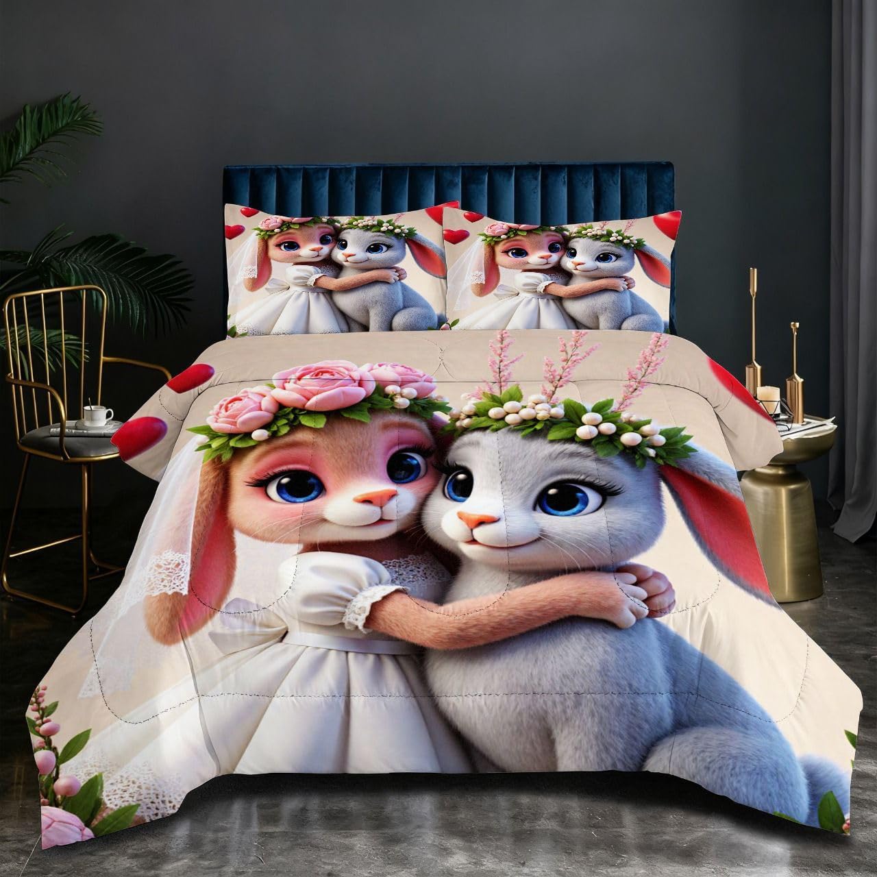 King Duvet Set 2.4kg | Cartoon Rabbit, Reinforced U-shaped Quilting, 200GSM High-Loft Cotton, Durable Microfiber Resists Pilling Over Time, 3D Quilt 94" x 86" J171-