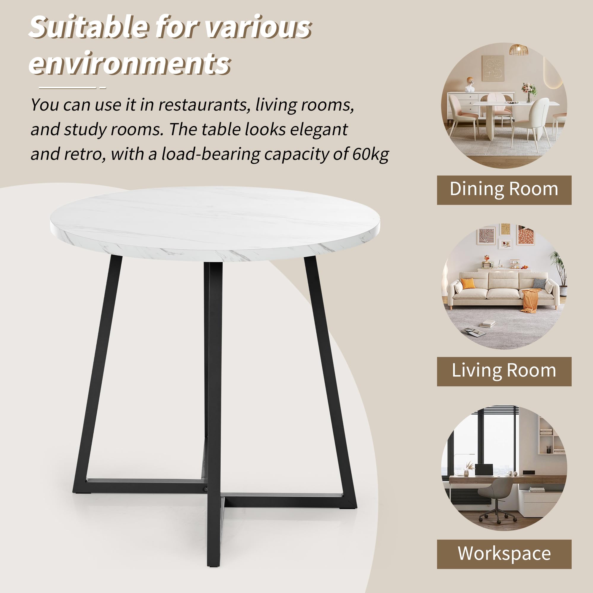 Tavolo Rotondo da Cucina in MDF con Gambe in Metallo, Tavolo da Pranzo Moderno con Motivo Marmo, per Esszimmer e Soggiorno, Bianco e Nero, Diametro 80 cm, Altezza 75 cm