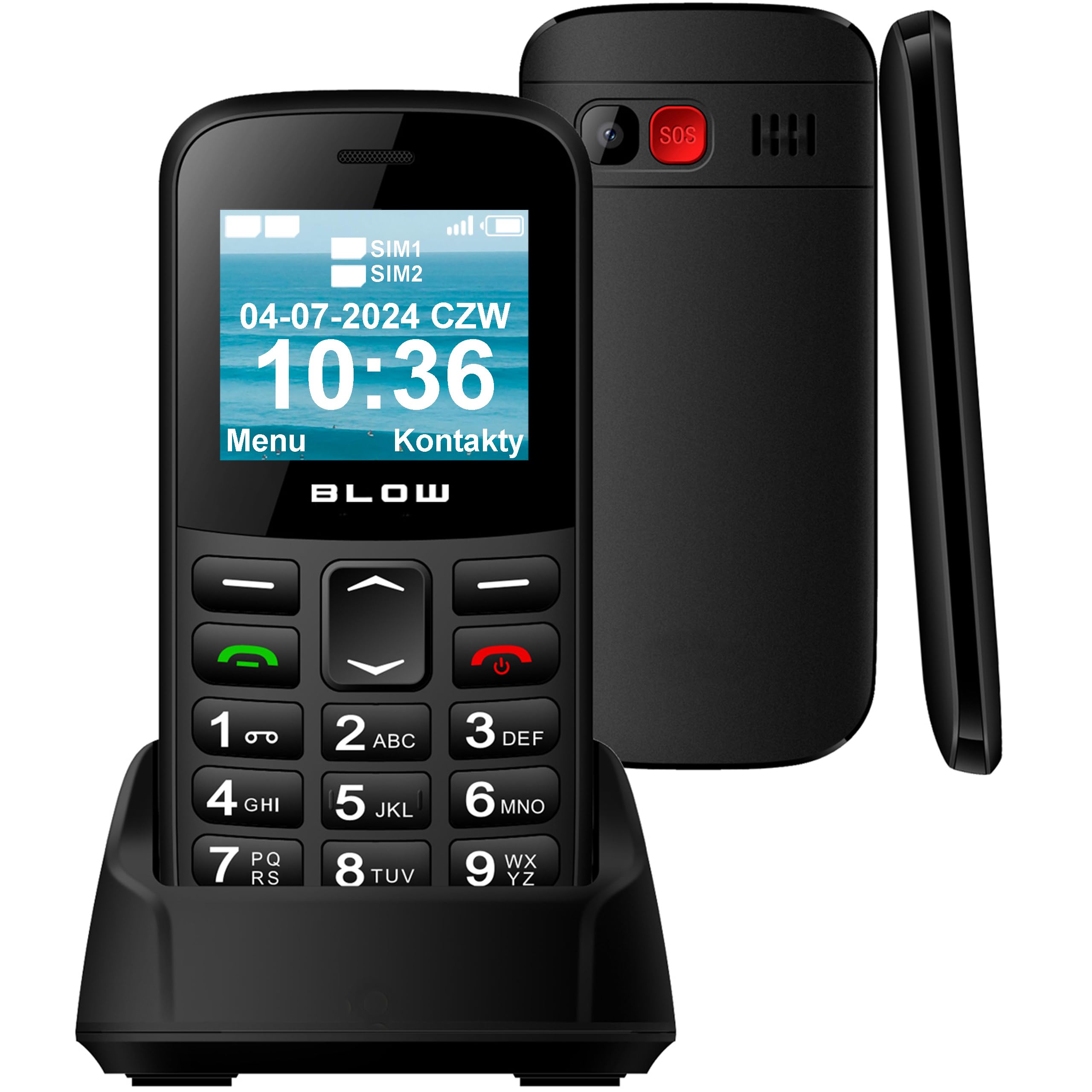 Front view of BLOW S18D senior phone in charging dock, showing large keypad and display