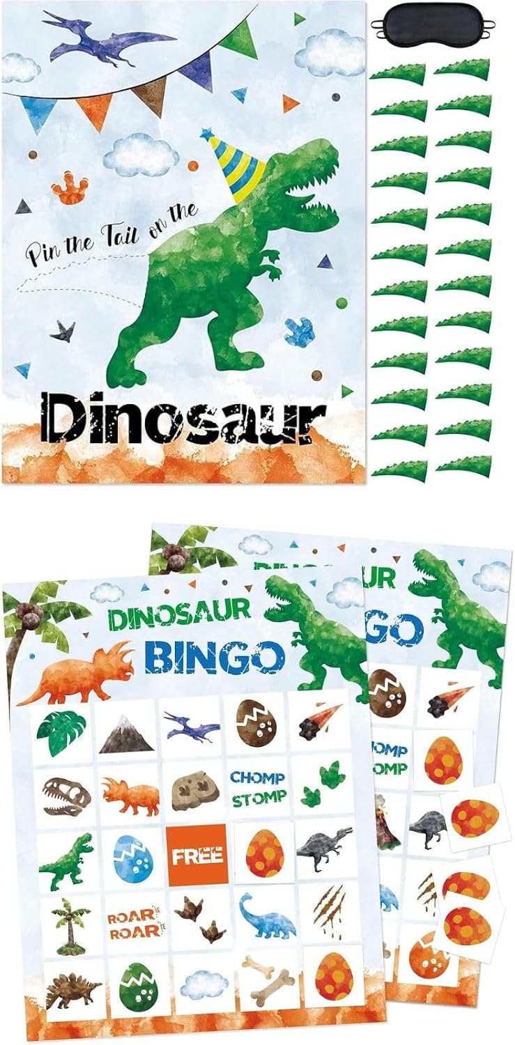 WERNNSAI 24pcs Dinosaur Party Bingo Games + 24Pcs Pin The Tail on The Dinosaur Party Game