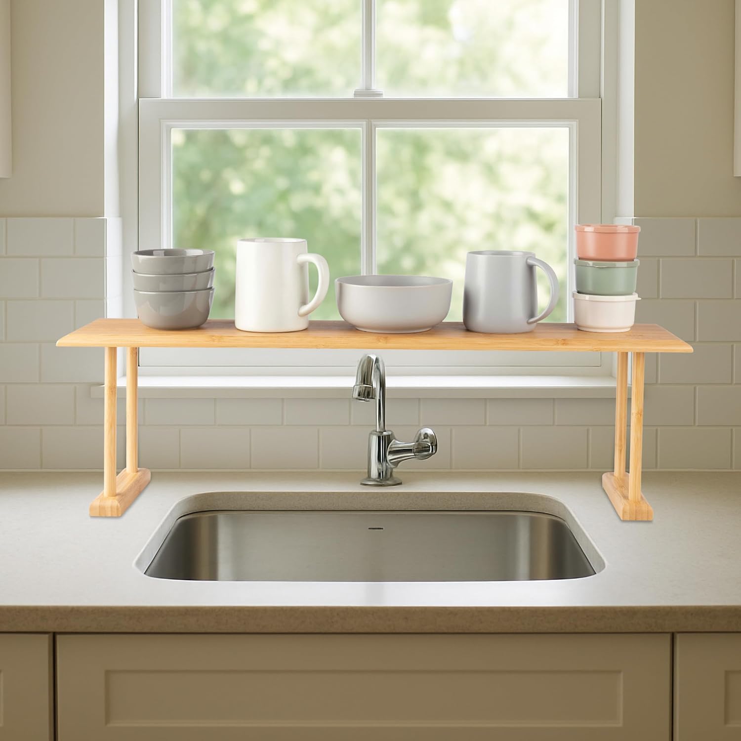 Bamboo Sink Shelf - Countertop Organizer Kitchen, Bathroom, Bedroom, Office - Space-Saving Storage for Soap, Sponges, and Cleaners by Lavish Home