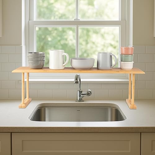 Miniatura 6 de Estante de bambú para fregadero, organizador de encimera, cocina, baño, dormitorio, oficina, ahorro de espacio para jabón, esponjas y limpiadores