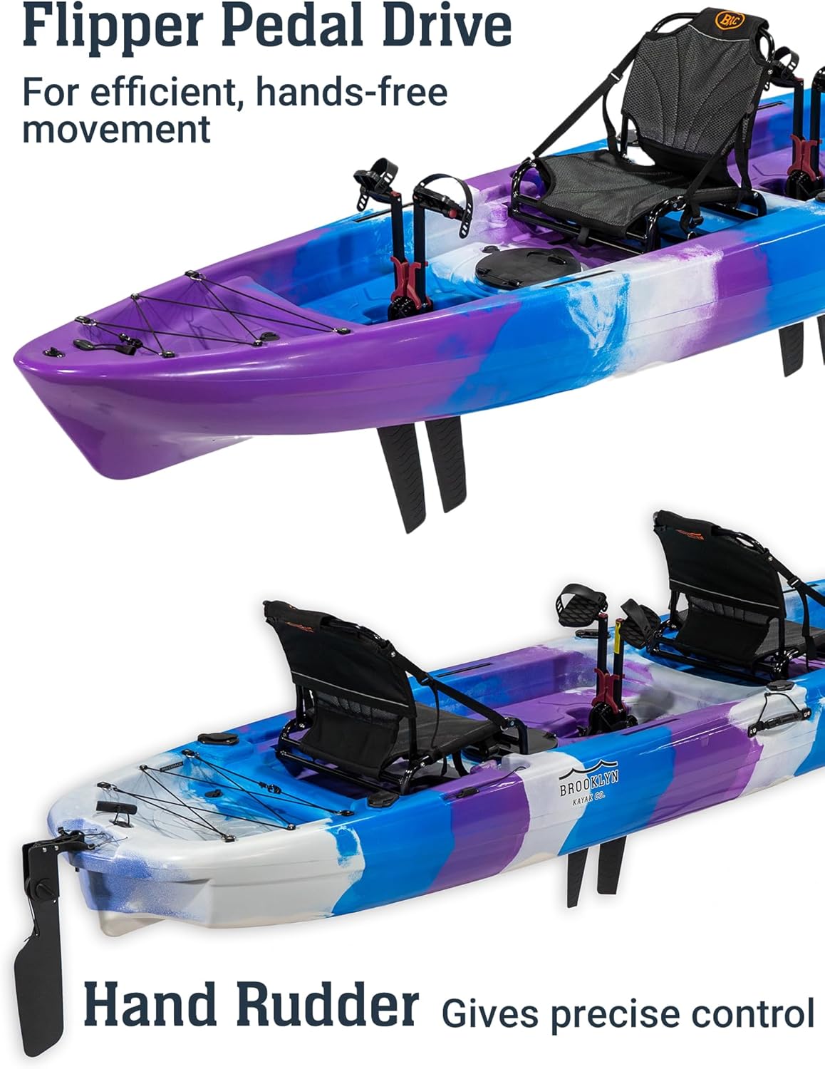 Brooklyn 13.5 Tandem Pedal Kayak by BKC - 2 Person Fishing Kayak with Dual Pedal Drive, 680 lb Capacity, Stable Sit-On-Top Hull, Rudder Steering, Gear Storage