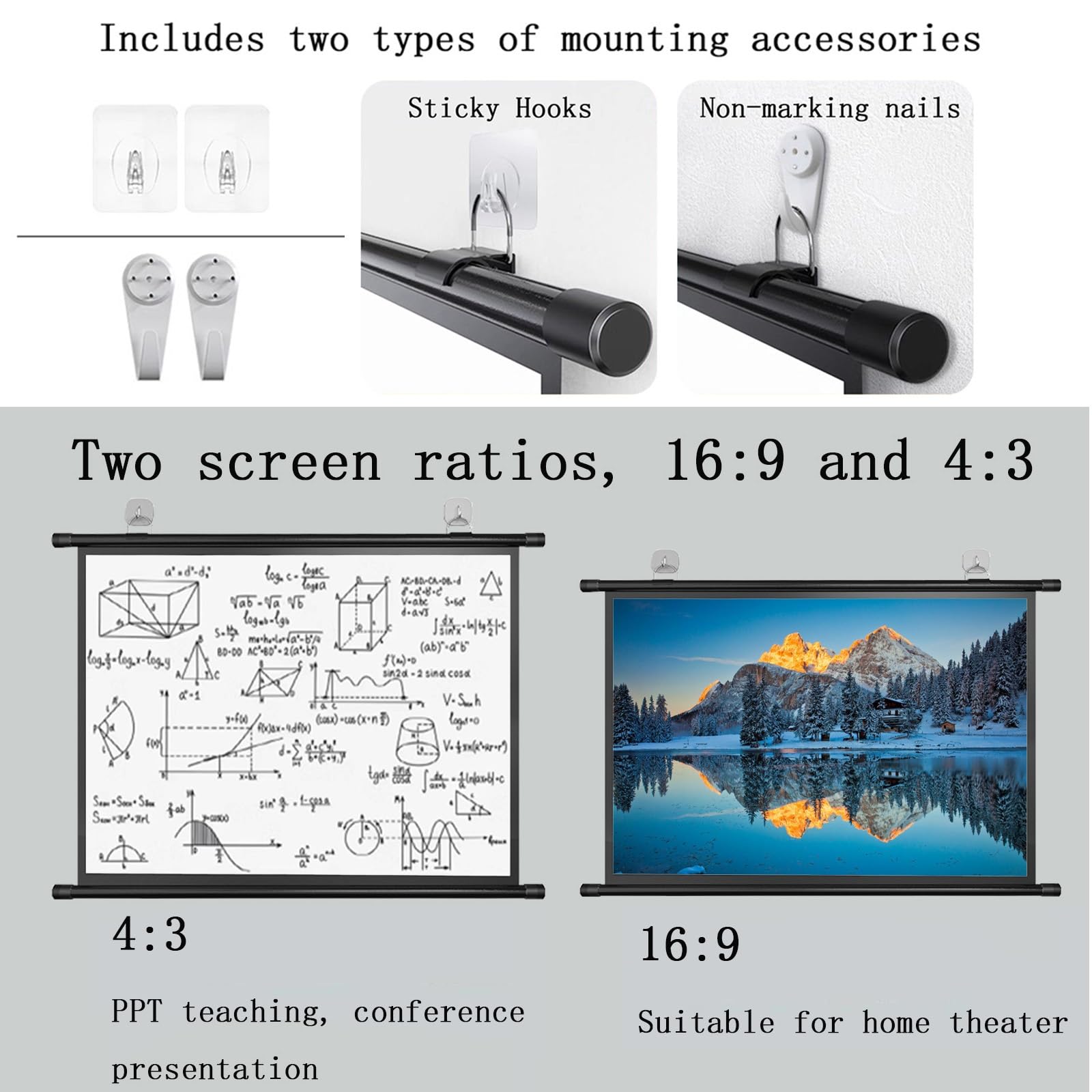 Screen 60 Pollici 72 Pollici Schermo Proiettore, Telo Proiettore Portatile 4:3/16:9 4K Full HD, Telo Videoproiettore per Il Gioco, Facile Da Arrotolare per Riporlo, per Interni Ed Esterni(16:9,60in)