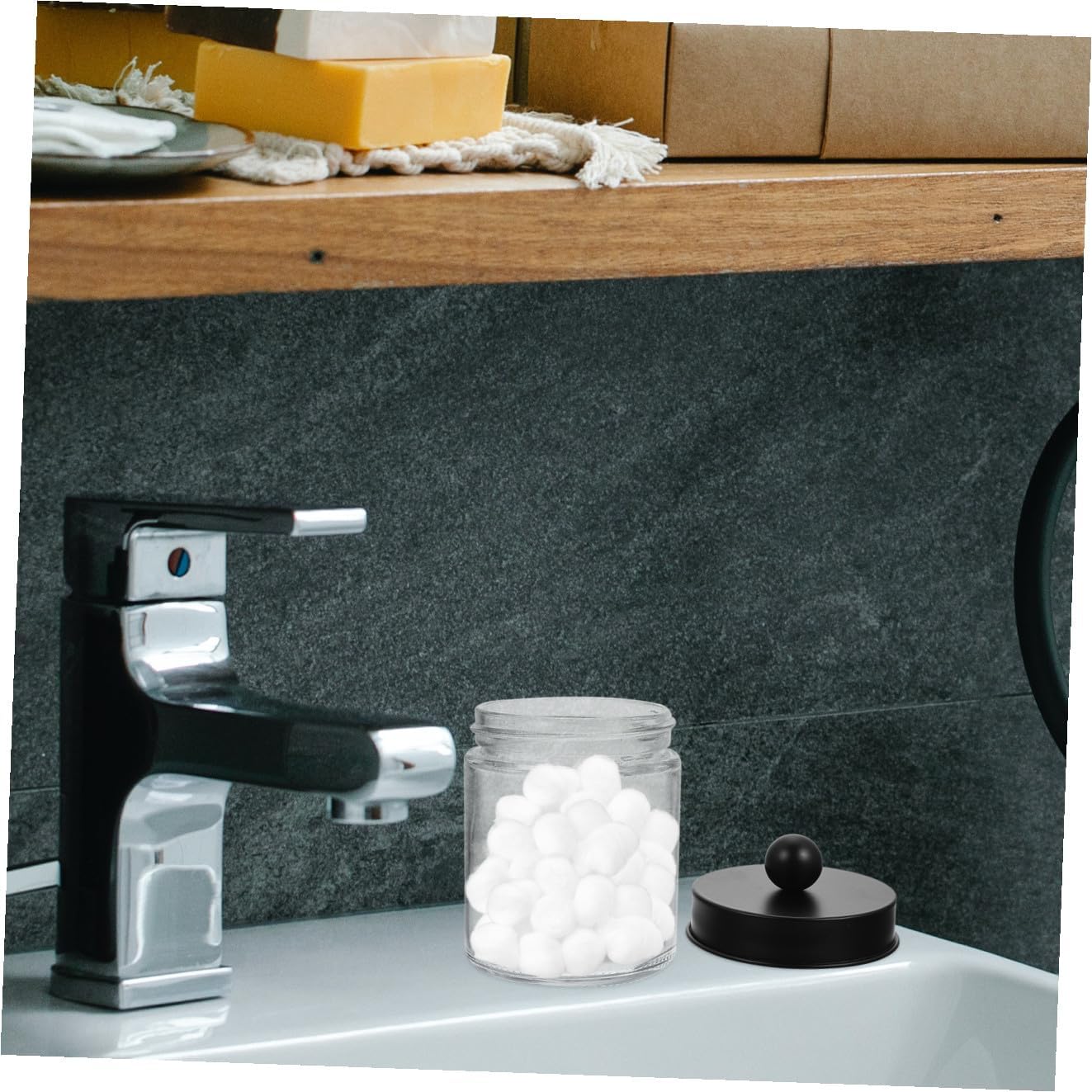 MAGICLULU Glass Cotton Ball Organizer and Cotton Swab Dispenser Set with Stainless Steel Black Lid, Cylinder Jars for Bathroom Vanity Storage, 3pcs Canister Kit
