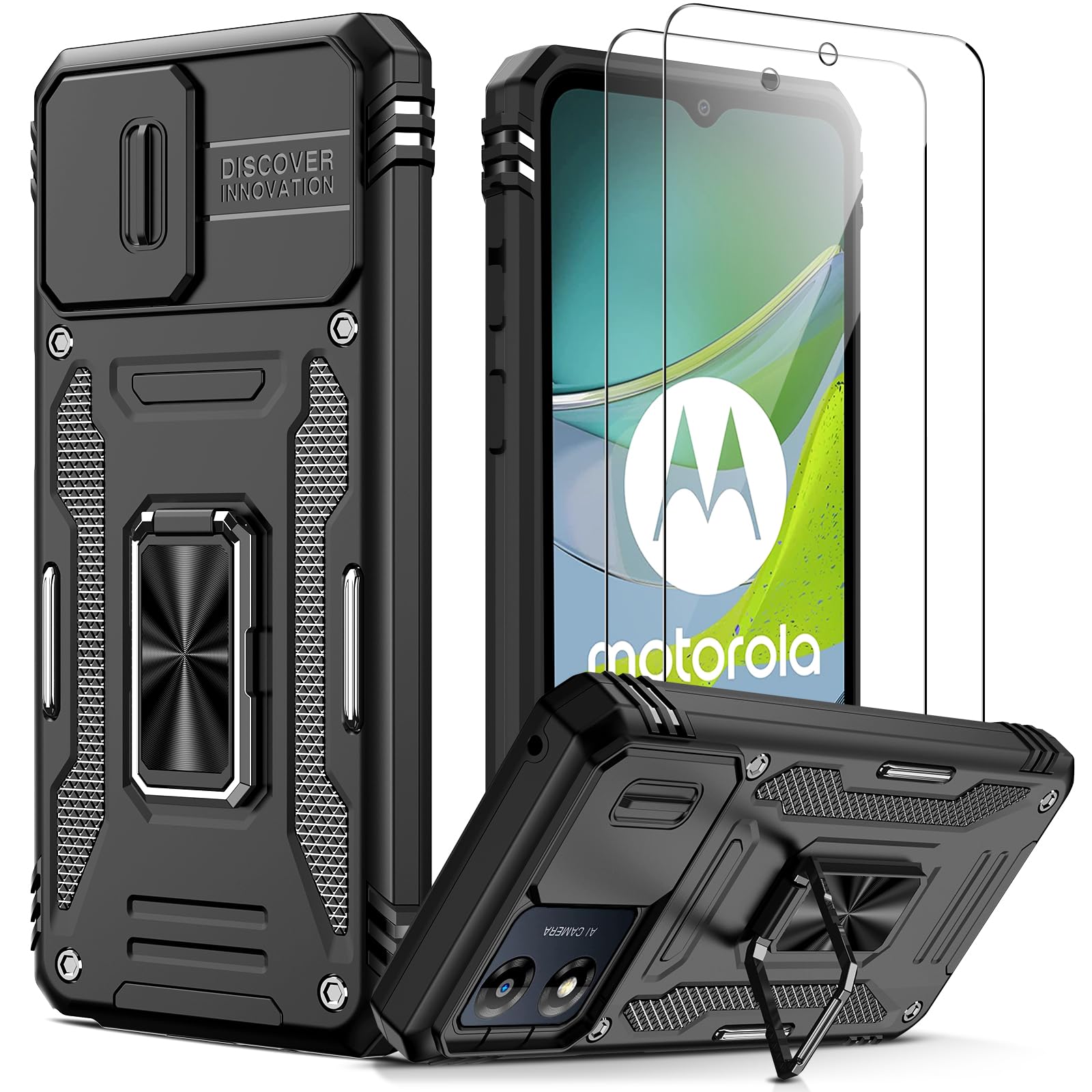for Motorola Moto E13 Case with 2 Tempered Glass Screen Protectors,Motorola Moto E13 Kickstand Case with Slide Camera Cover & 360°Magnetic Ring Stand Shockproof Phone Moto E13 Cover Man Black