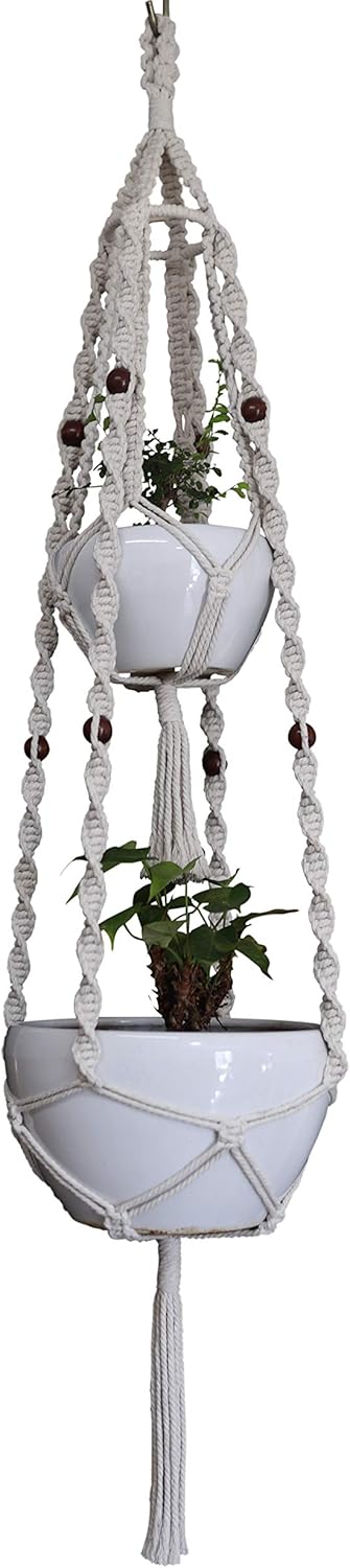 Macrame Plant Hanger & Holder, Hanging Planter 4 Legs Double Deck for 8 inch to 12 inch Two Pots Indoor Outdoor Hanging Planter Basket Hemp Rope 68 Inch Without Pot and Plant (Ivory White)