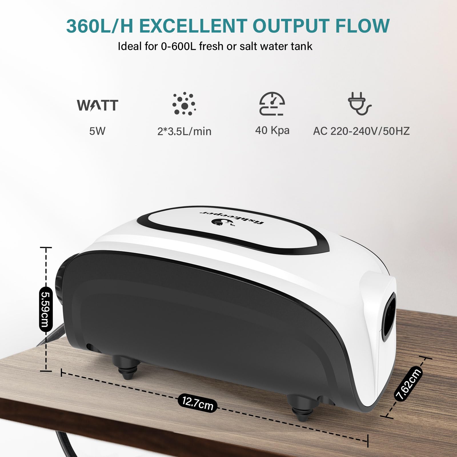 fishkeeper Aquarium Luftpumpe, Einstellbare Sauerstoffpumpe für Aquarien, Luftsprudler Membranpumpe mit Luftstein bis zu 600L, Leistungsstarker Komplettes Aquarium Zubehör Set, 3W/5W