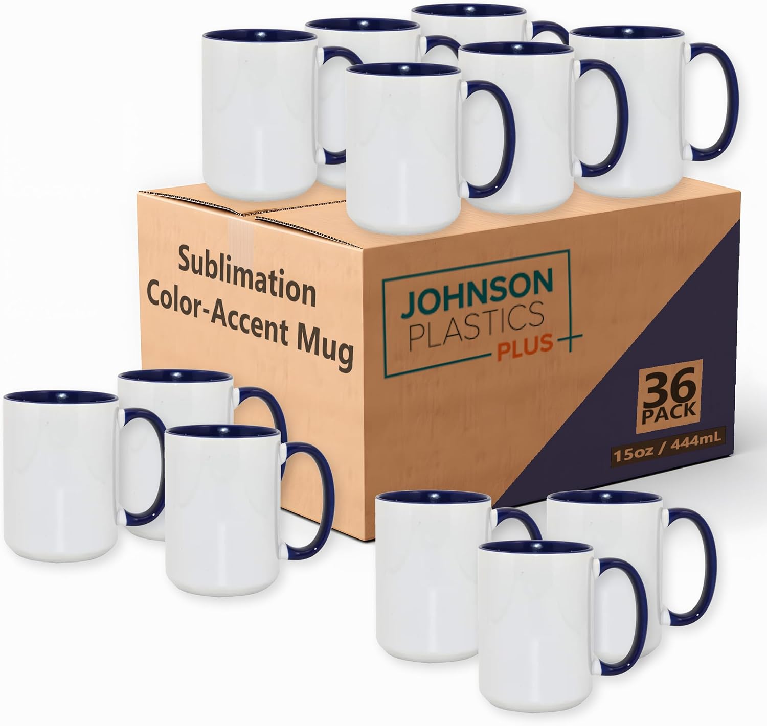 JPPlus 15oz Sublimation Mugs with Colored Handles & Interiors | Tazas para Sublimar, Bulk Mugs for Custom Designs & Branding | White Mugs Set of 12 or Case of 36- Blue (36)