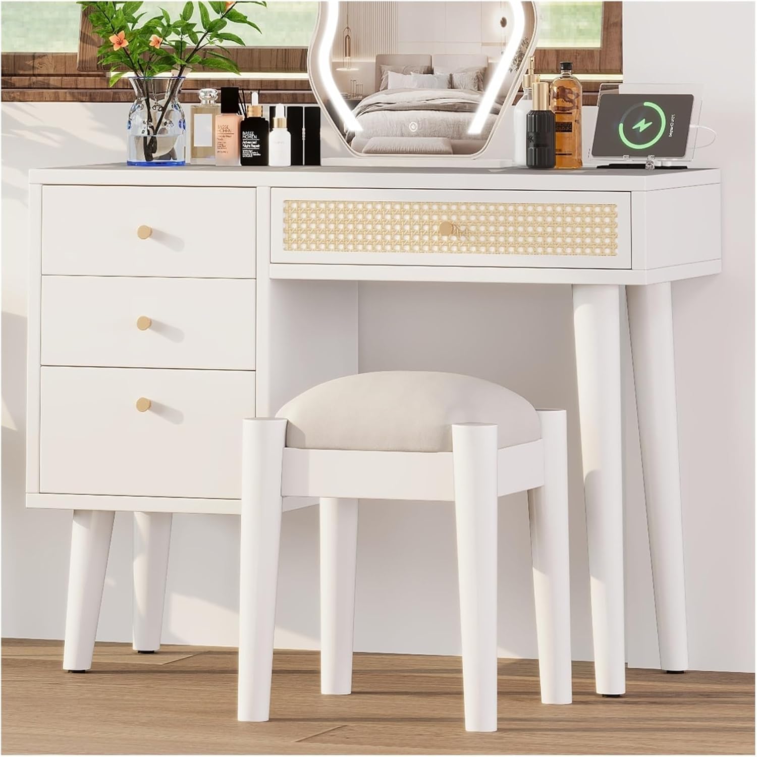 39" Retro Bohemian Style Wooden Makeup Vanity Set with Charging Plug&USB Port and Stool, Dressing Table 3 Storage Drawers 1 Rectangular Rattan Drawer, White Gift for Women