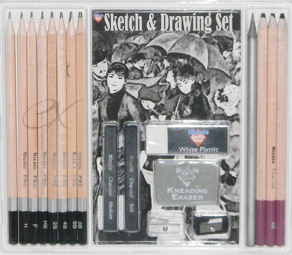 18 Pc Sketch & Drawing Set with Pencils, Charcoals, Erasers