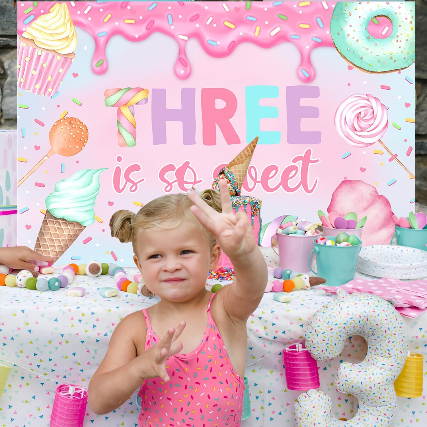 Donut Theme 3rd Birthday Backdrop Three is so Sweet Birthday Photography Background Pink Donuts 3rd Birthday Party Decorations for Girls 3rd Birthday Party Decor Supplies 5x3ft