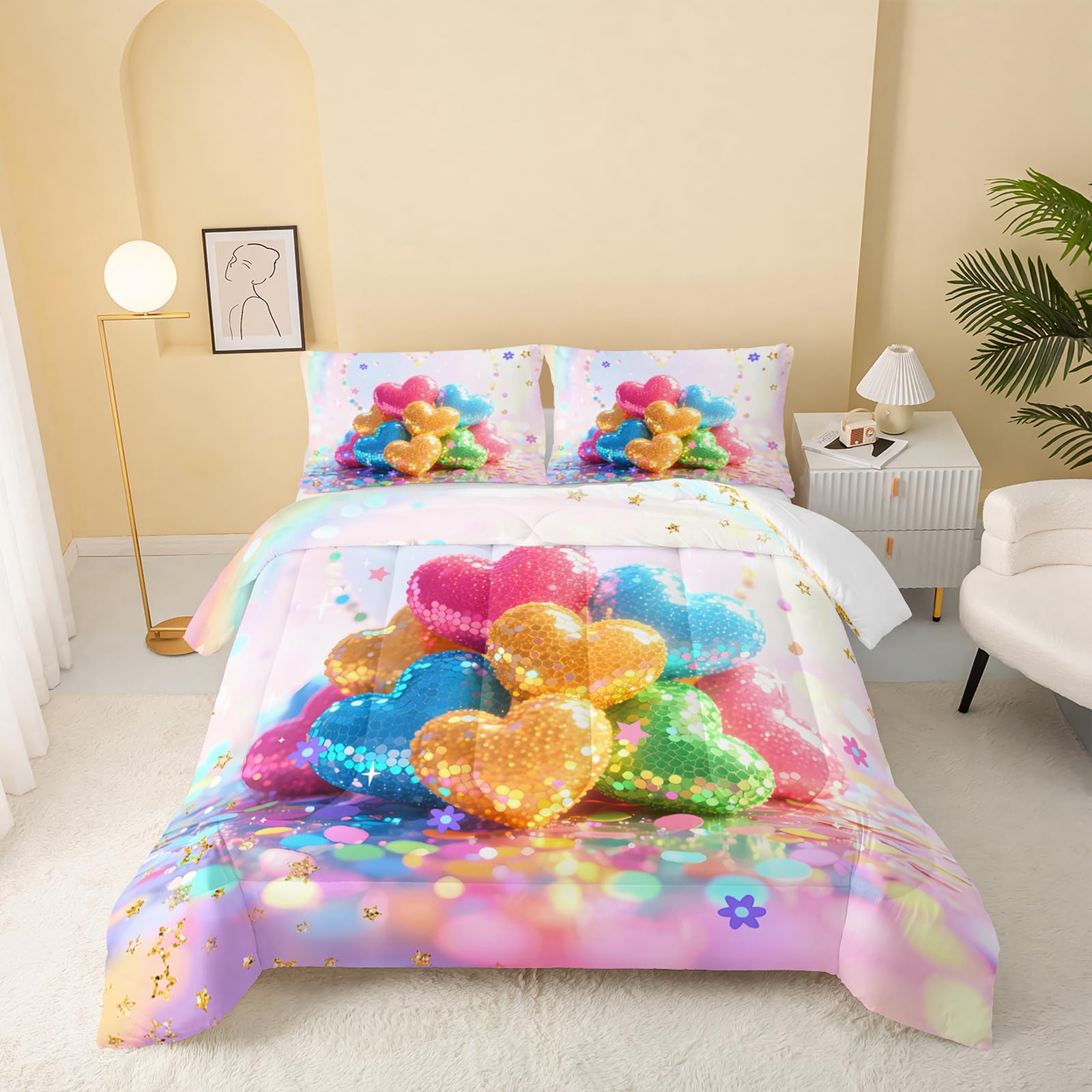 QOOMO Kawaii Heart Kids Comforter Set,Cute Rainbow Print Bedding Set Twin Size for Boys Girls Room Decoration,Pink Bed Set Microfiber Lightweight All Season,1 Comforter Set 2 Pillowcases