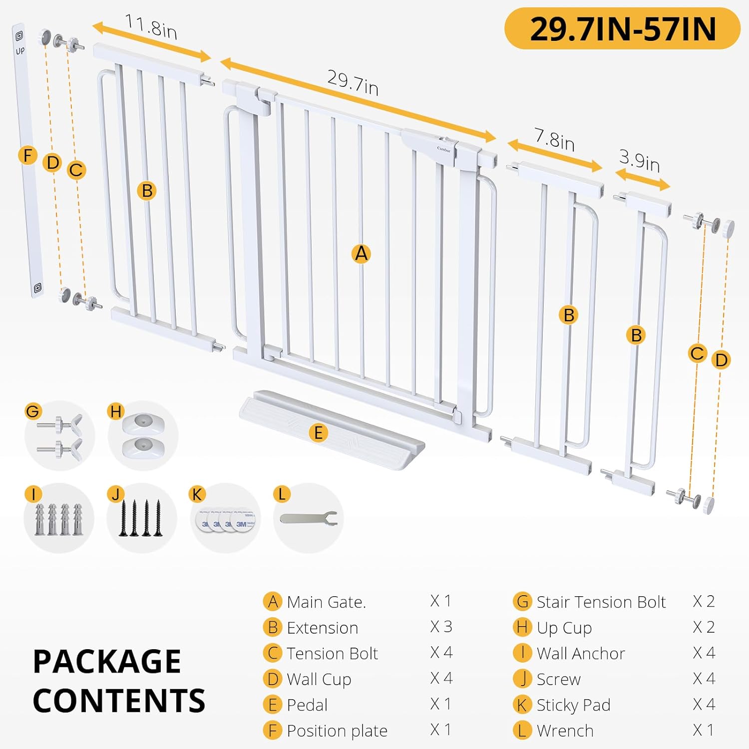 Cumbor 29.7-57" Extra Wide Baby Gate for Stairs, Mom's Choice Awards Winner-Dog Gate for Doorways, Pressure Mounted Walk Through Safety Child Gate for Kids Toddler, Tall Pet Puppy Fence Gate, White