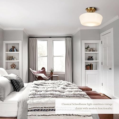 Miniatura 5 de Lámpara de techo semiempotrada estilo colegial, lámpara de techo moderna dorada de 12 pulgadas con pantalla de vidrio de leche de ópalo de latón,