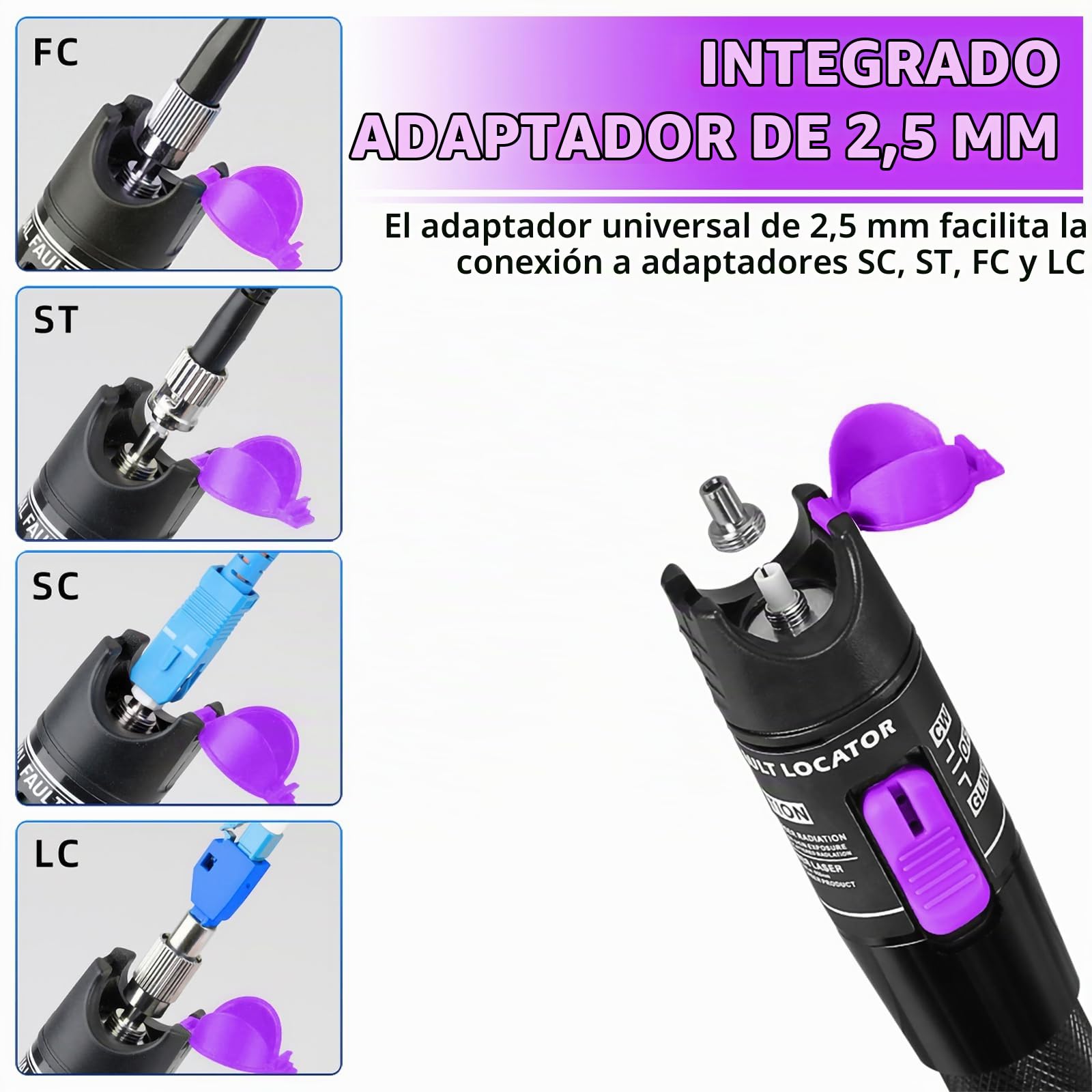 Localizador visual de fallas de 70 mW, kits VFL de 70 mW, Lápiz Comprobador de Cables de Fibra Óptica con Adaptadores FC/LC Monomodo de 9/125 μm, Compatible con Interfaz SC/FC/ST/LC de 2,5 mm