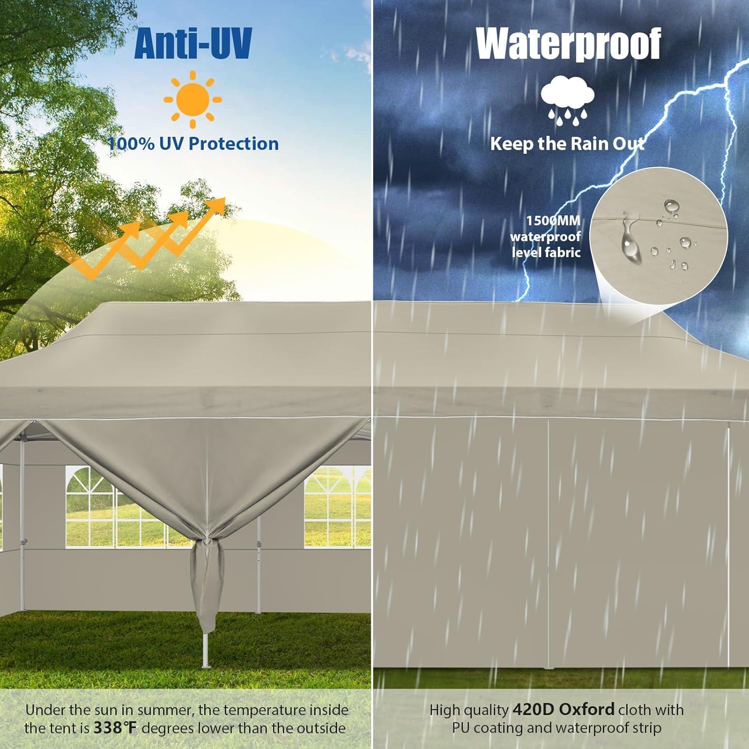 COBIZI 10x30 Heavy Duty Pop up Canopy Tent for Parties with 8 Sidewalls(Hexagonal Frame), Easy Setup Outdoor Commercial Gazebo for Wedding Event, with Portable Bag & Sand Bags, Khaki