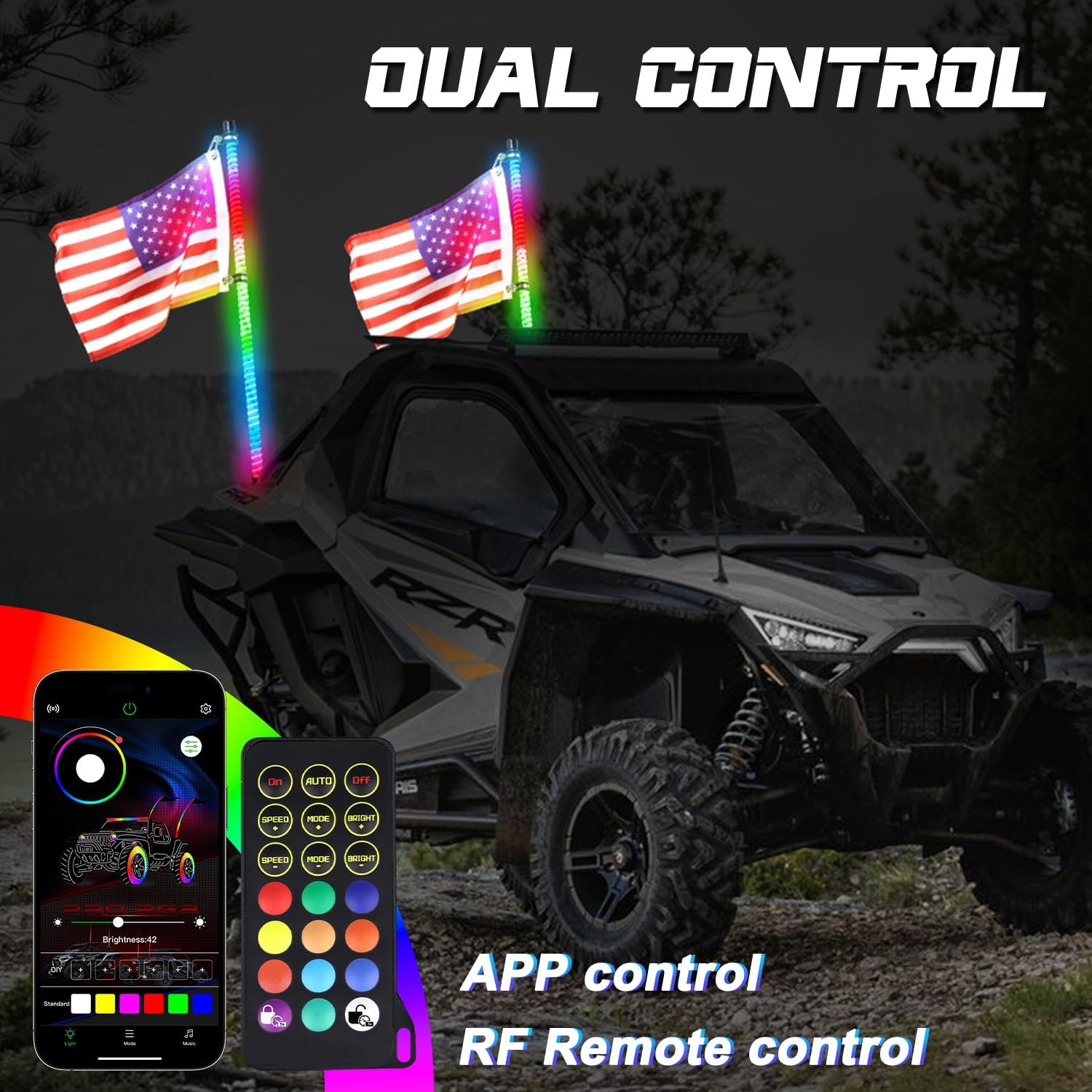 1PC 2FT Upgraded COB LED Whip Lights with Multiple Color Modes, Remote and App Control, Bend Resistant, Waterproof, Install for ATV UTV Polaris RZR Can-Am Off-Road Adventures