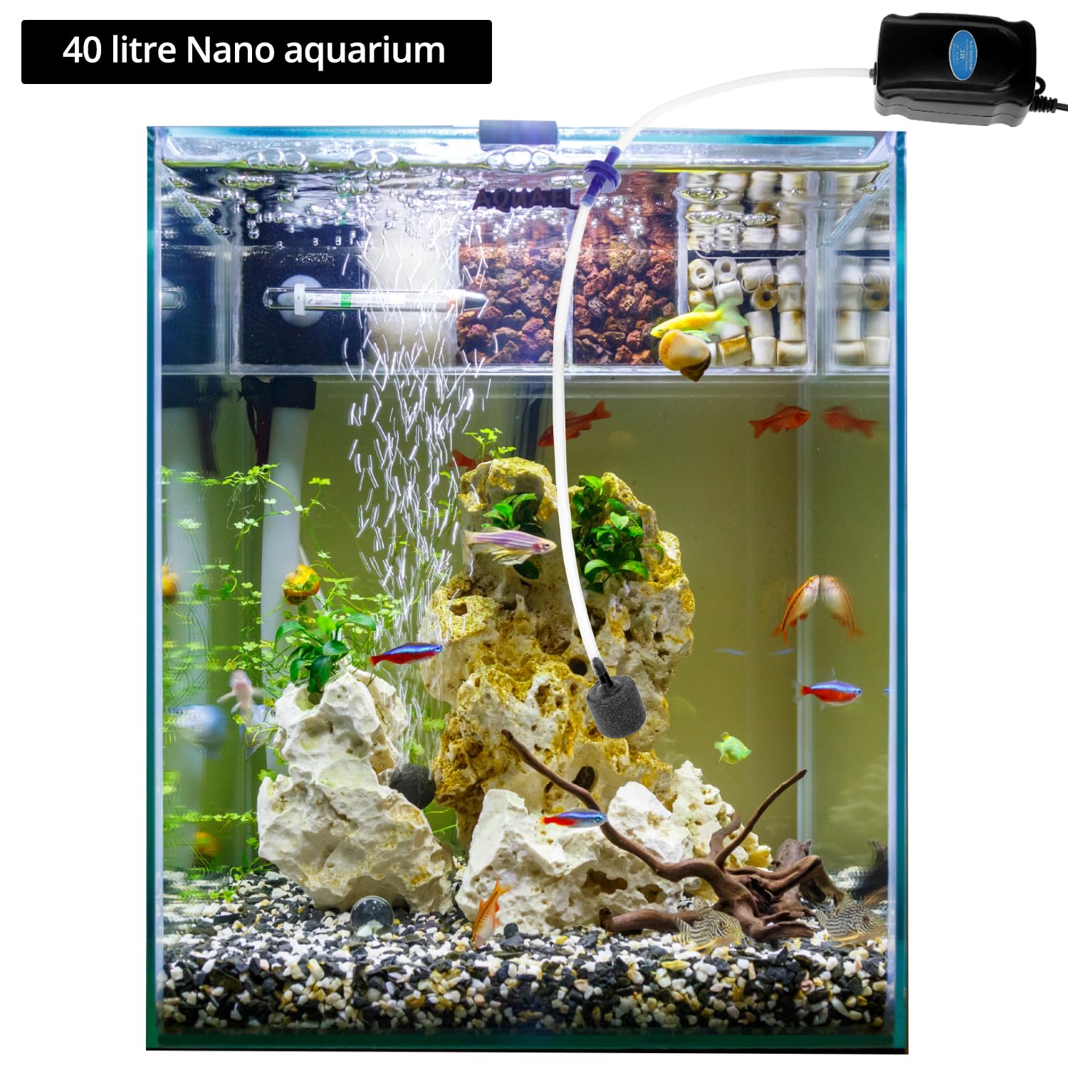 QWORK® Pompa d'aria per acquario 3W, pompa di ossigeno per acquario 2L/min, incluso tubo in silicone da 120 cm, pietra porosa e valvola di ritegno