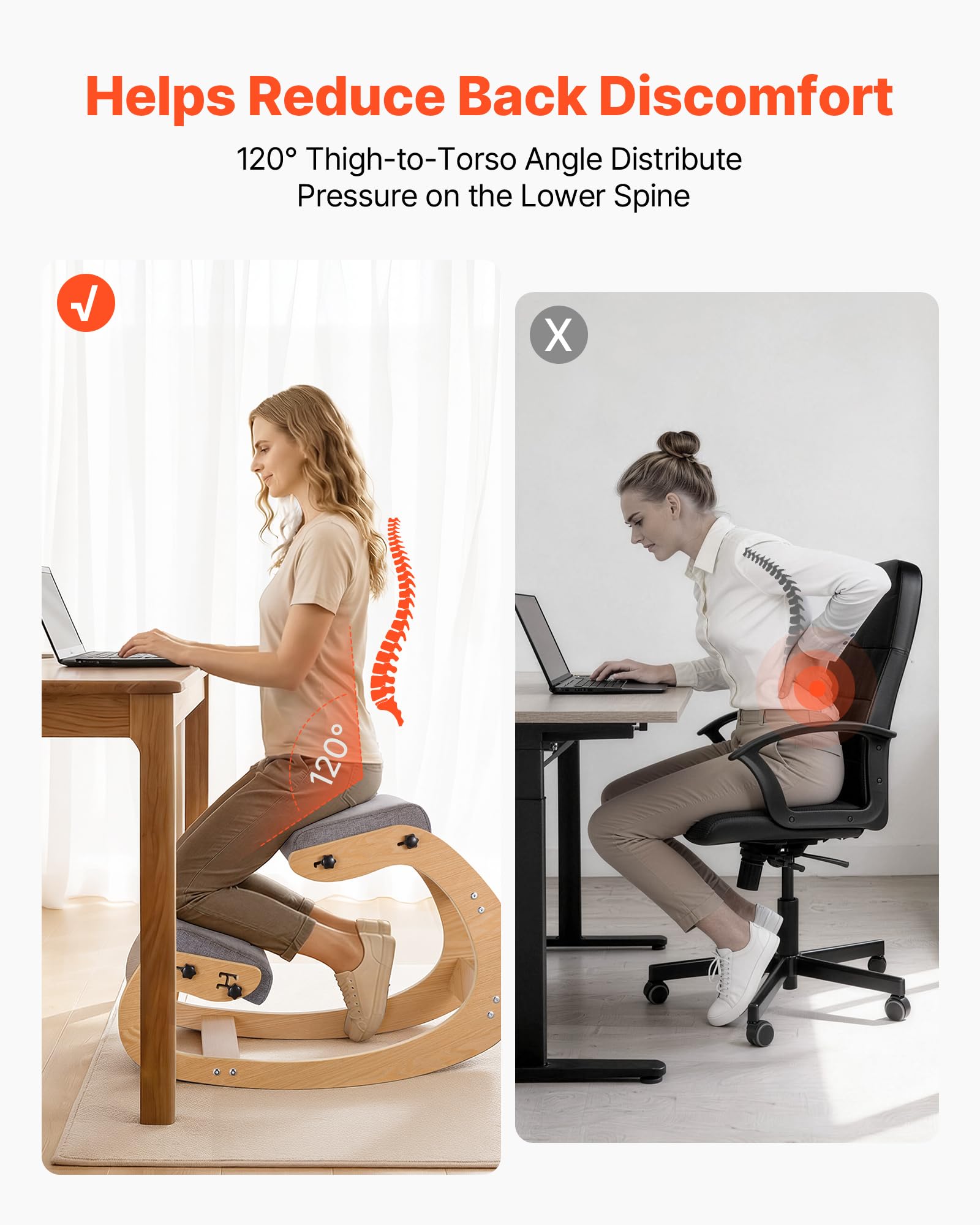 VEVOR Chaise à Genoux Ergonomique, Siège Assis Genoux Coussins en Mousse Épaisse, Réglables à 3 Niveaux, pour Maison Bureau Méditation, Cadre en Bois Massif, Soulage Tensions du Cou et du Dos, Grise