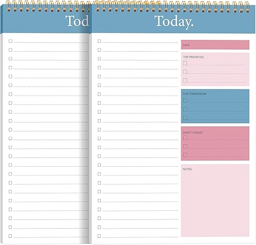 Bloc de notas de lista de tareas  Bloc de notas diario de 104 páginas, planificador de tareas, 6.7 x 9.8 pulgadas, cuaderno espiral de doble cara