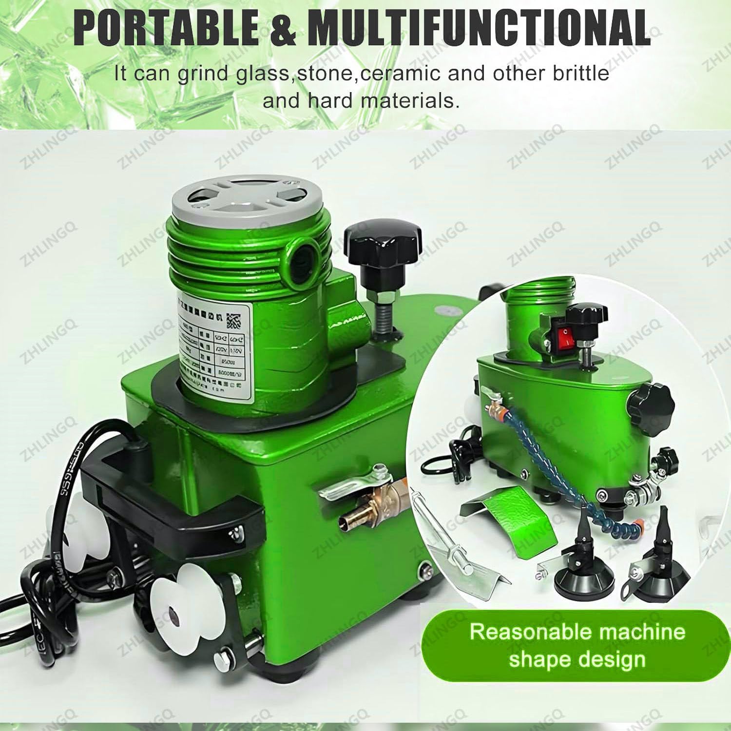 850W Portable Small Glass Edger with 8 Diamond Wheels, Portable Glass Grinder Electric Glass Edging Machine, Straight Round Bevel Edge Trimmer Grinder Glass Edger Tool 28×15×24cm Green